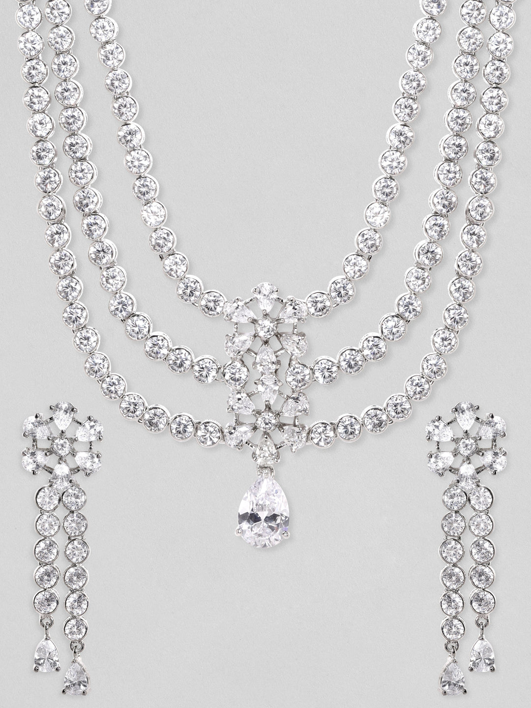 Rubans Rhodium Plated Brilliant Cut Zirconia Studded Triple Layered Statement Necklace Set Necklace Set