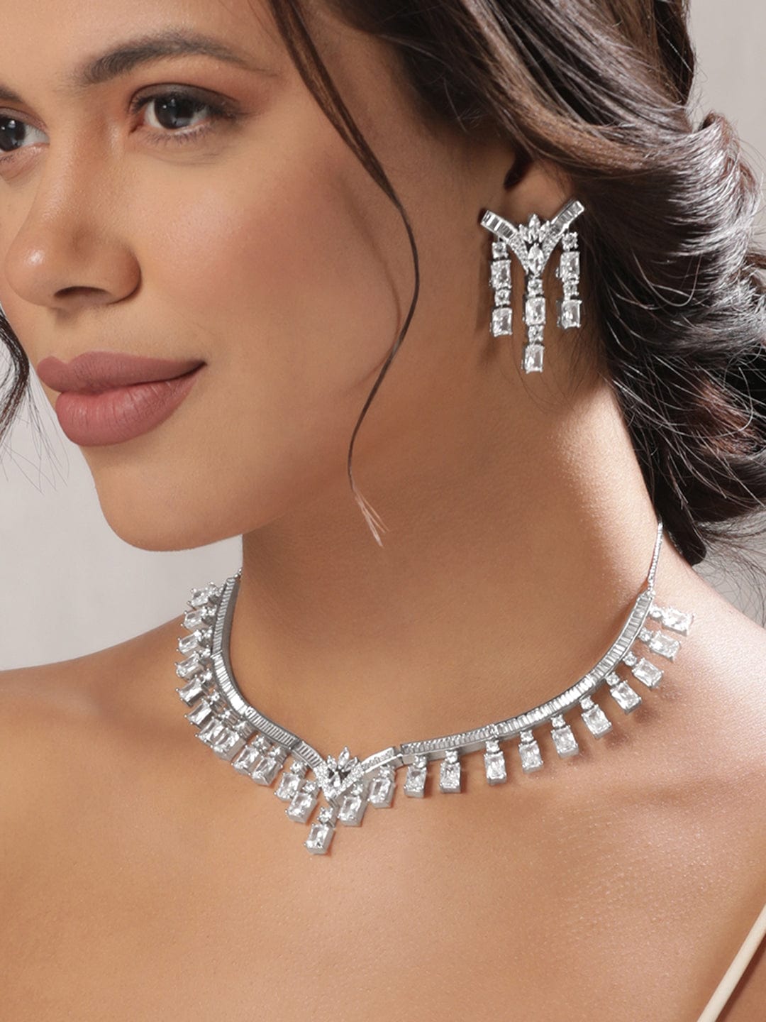 Rubans Rhodium Plated crystal zirconia studded dazzling necklace set Jewellery Sets
