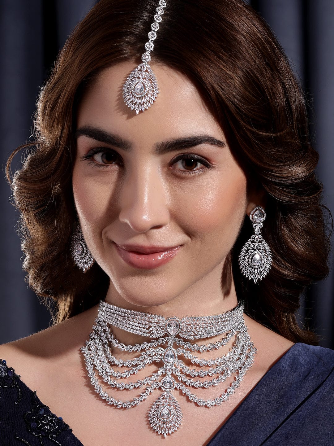 Rubans Rhodium-Plated Crystal zirconia studded Multilayered Lux Statement Choker Necklace Set Jewellery Sets