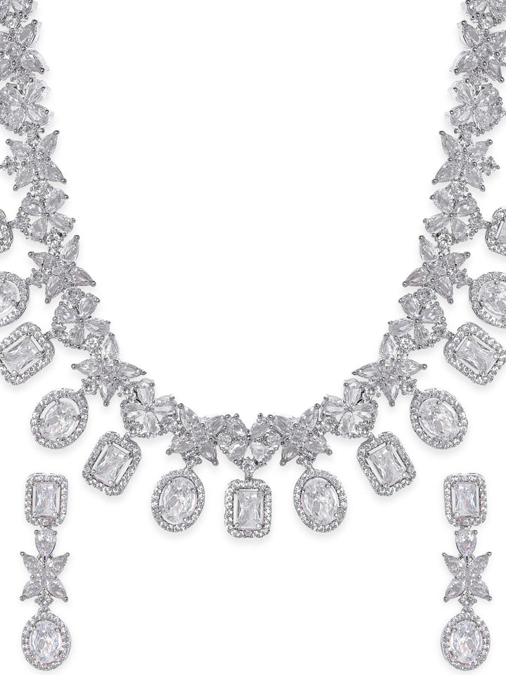 Rubans Rhodium-Plated Crystal Zirconia Studded Multilayered Lux Statement Choker Necklace Set Jewellery Sets