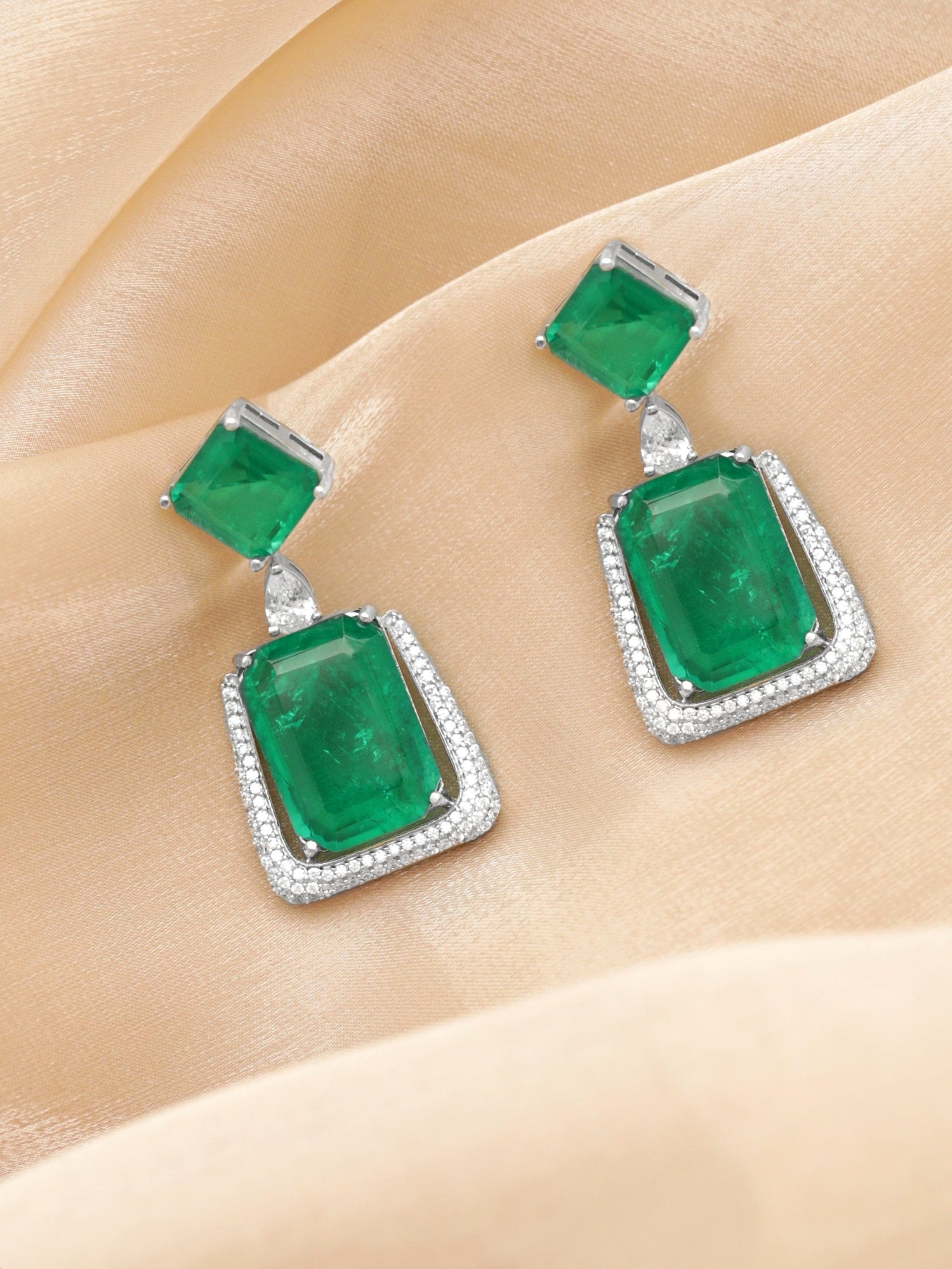 Rubans Rhodium Plated Emerald Green Doublet Dangle Earrings Earrings