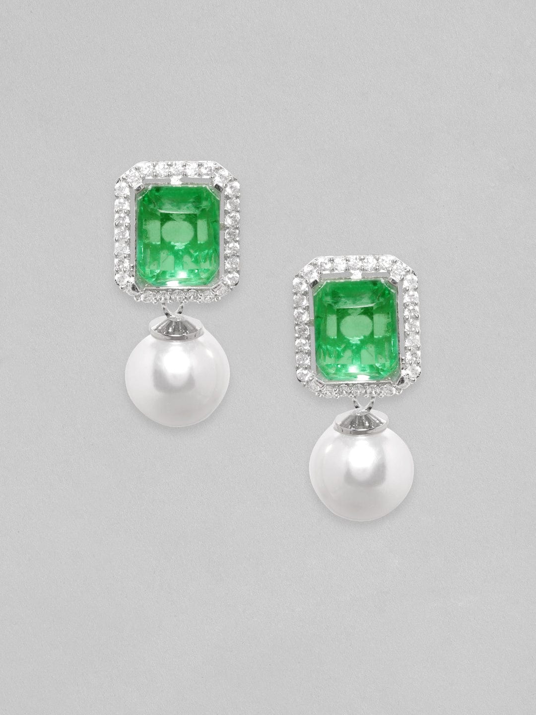 Rubans Rhodium Plated Emerald Green Doublet Pearl Drop Stud Earrings Earrings