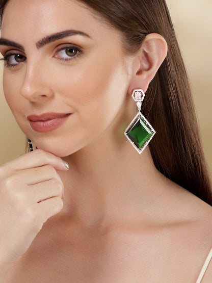 Rubans Rhodium Plated Emerald Green Zirconia Dangle Earrings Earrings