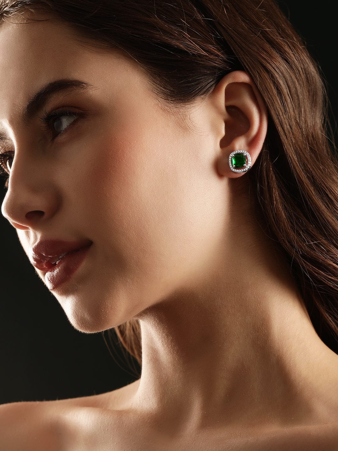 Rubans Rhodium plated Emerald green Zirconia stud Earring Earrings