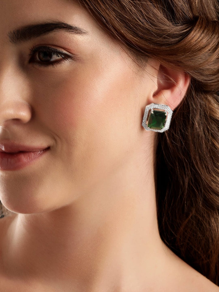 Rubans Rhodium Plated Emerald Green Zirconia Stud Earrings Earrings