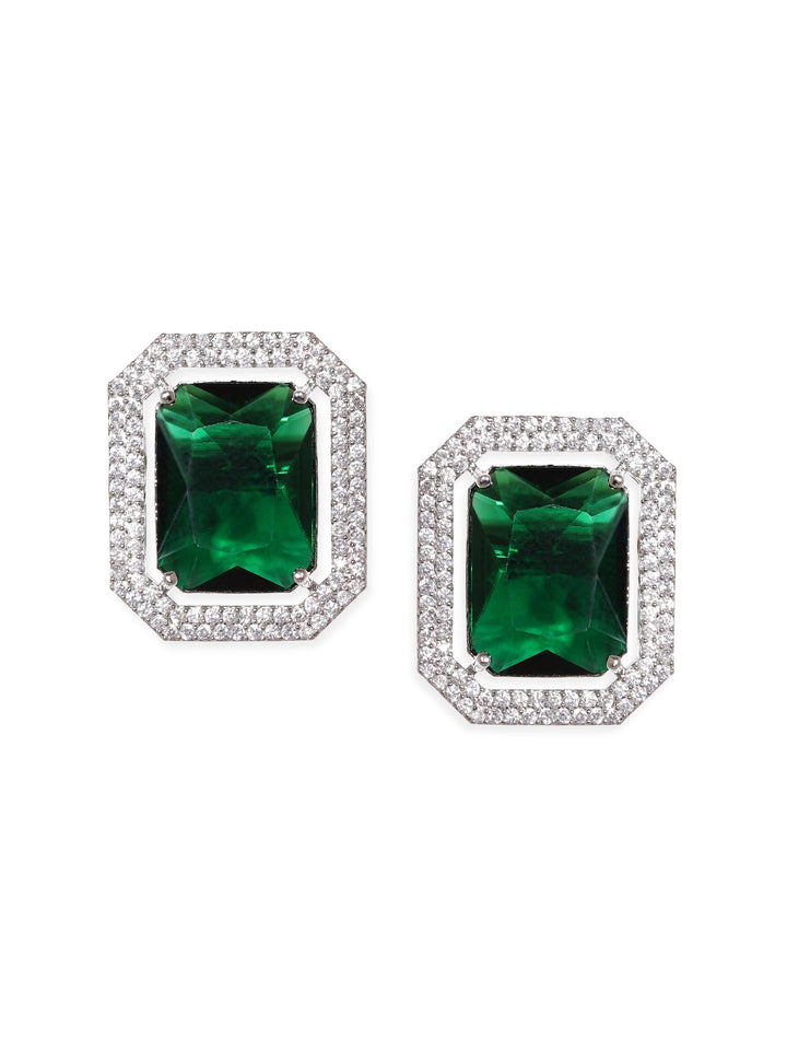 Rubans Rhodium Plated Emerald Green Zirconia Stud Earrings Earrings