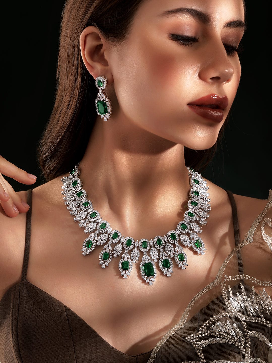 Rubans Rhodium Plated Emerald Green Zirconia Studded Luxury Necklace set Jewellery Sets