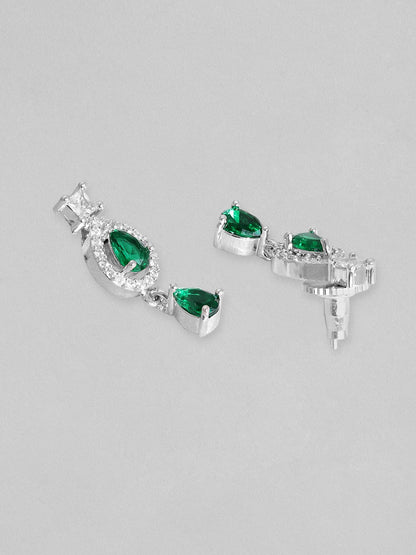 Rubans Rhodium Plated Emerald Green Zirconia Studded Pear Shaped Pendant Set Necklace Set