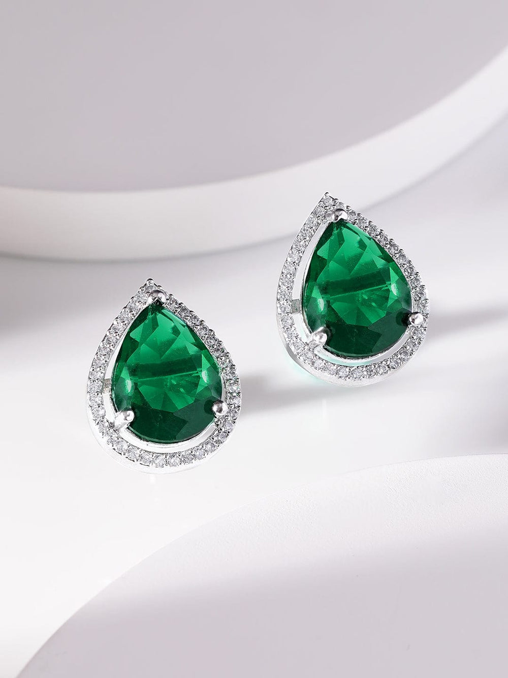 Rubans Rhodium plated Emerald green Zirconia studded teardrop Zirconia stud earring Earrings