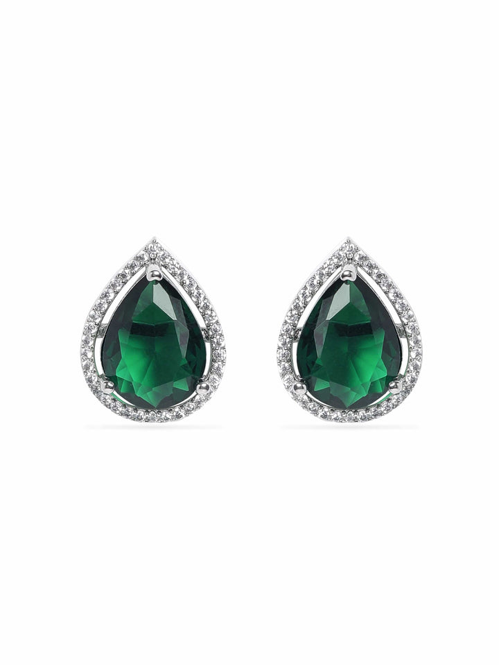 Rubans Rhodium plated Emerald green Zirconia studded teardrop Zirconia stud earring Earrings
