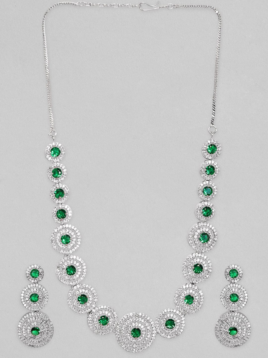 Rubans Rhodium Plated Emerald Green Zircons Studded Jewellery Set Necklace Set