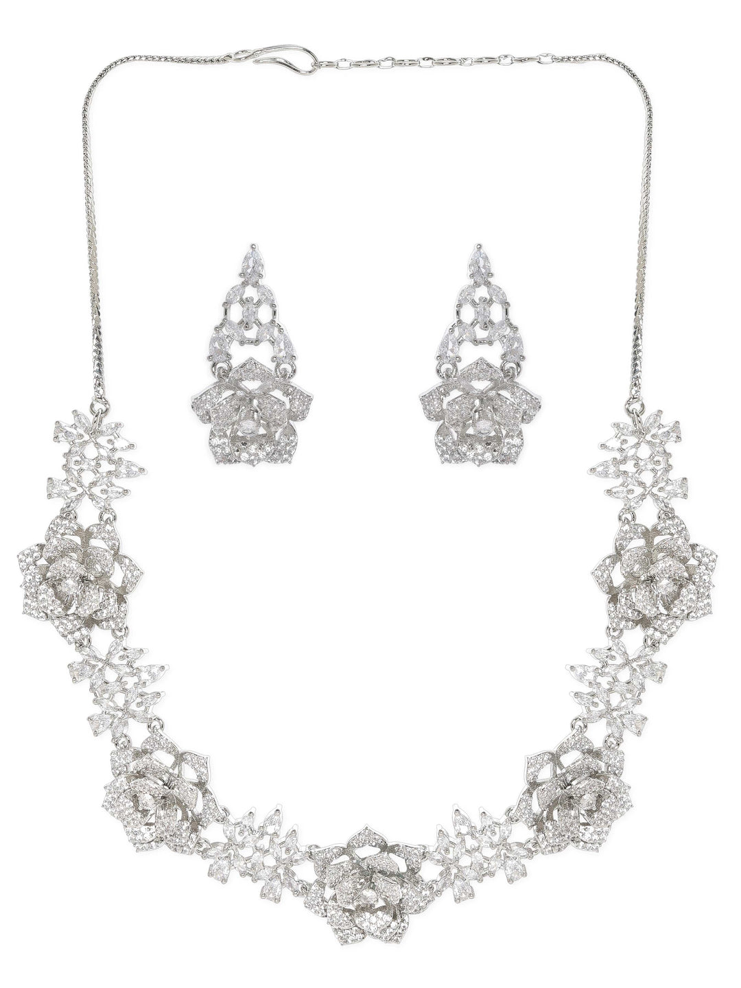 Rubans Rhodium plated Floral motif pave AD Studded Necklace set Jewellery Sets