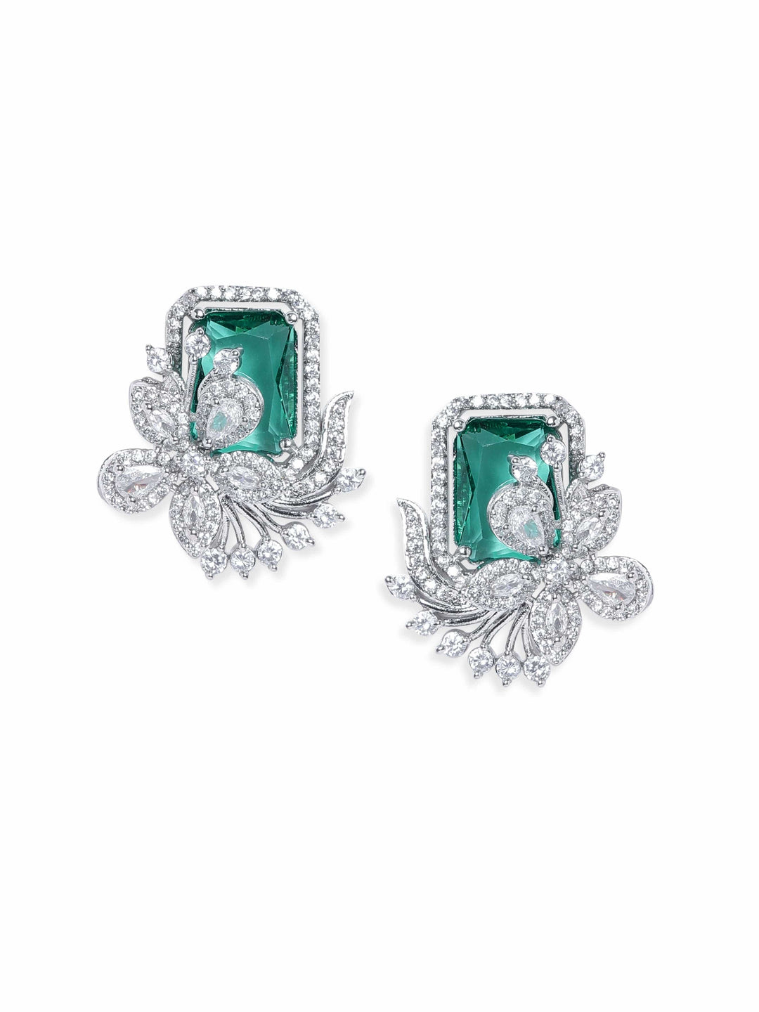 Rubans Rhodium plated Green Zirconia Statement stud Earring Earrings