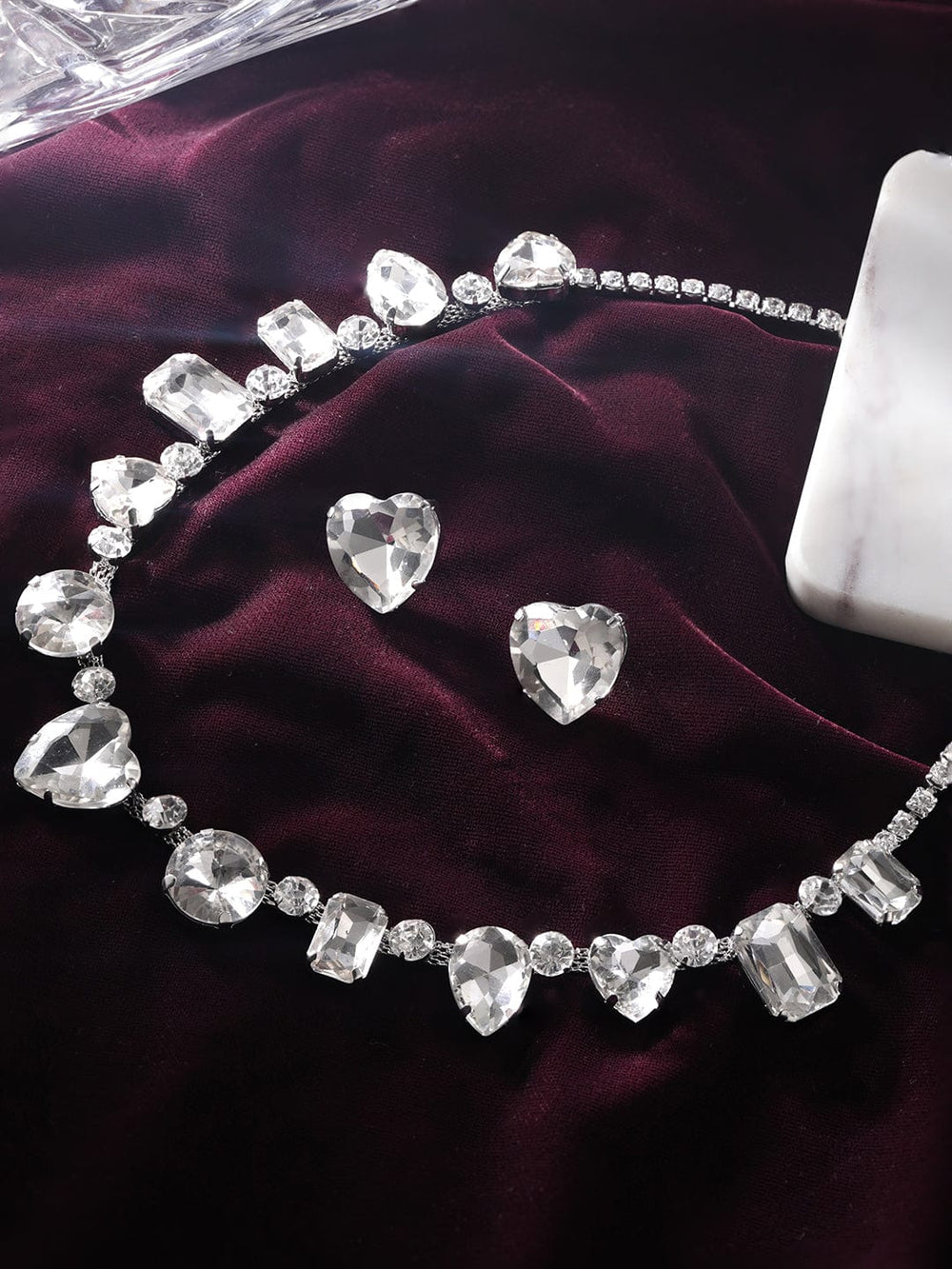 Rubans Rhodium Plated Multi Crystal Statement Necklace Set Jewellery Sets
