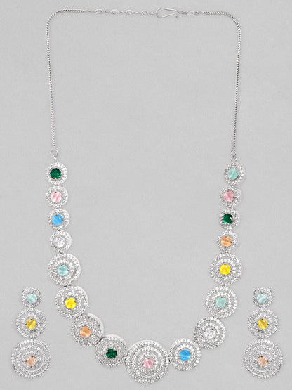 Rubans Rhodium Plated Multicoloured Zircons Studded Jewellery Set Necklace Set