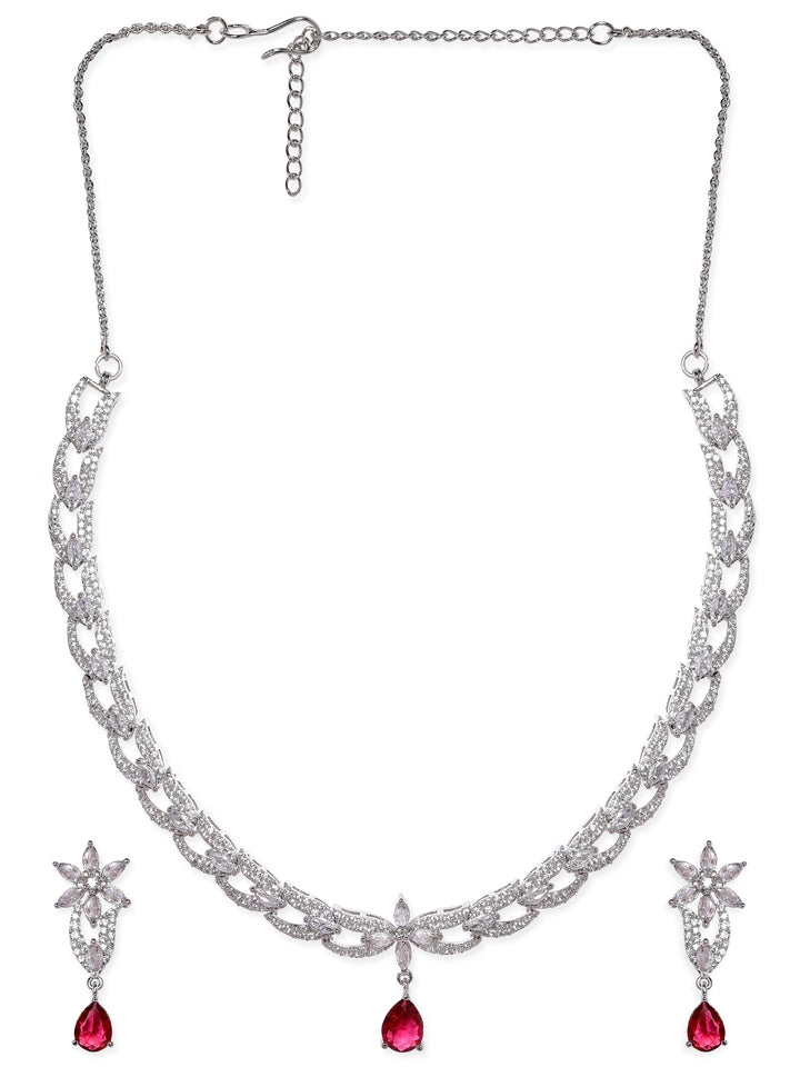 Rubans Rhodium Plated Pave Zirconia Ruby Drop Sleek Necklace Set Jewellery Sets