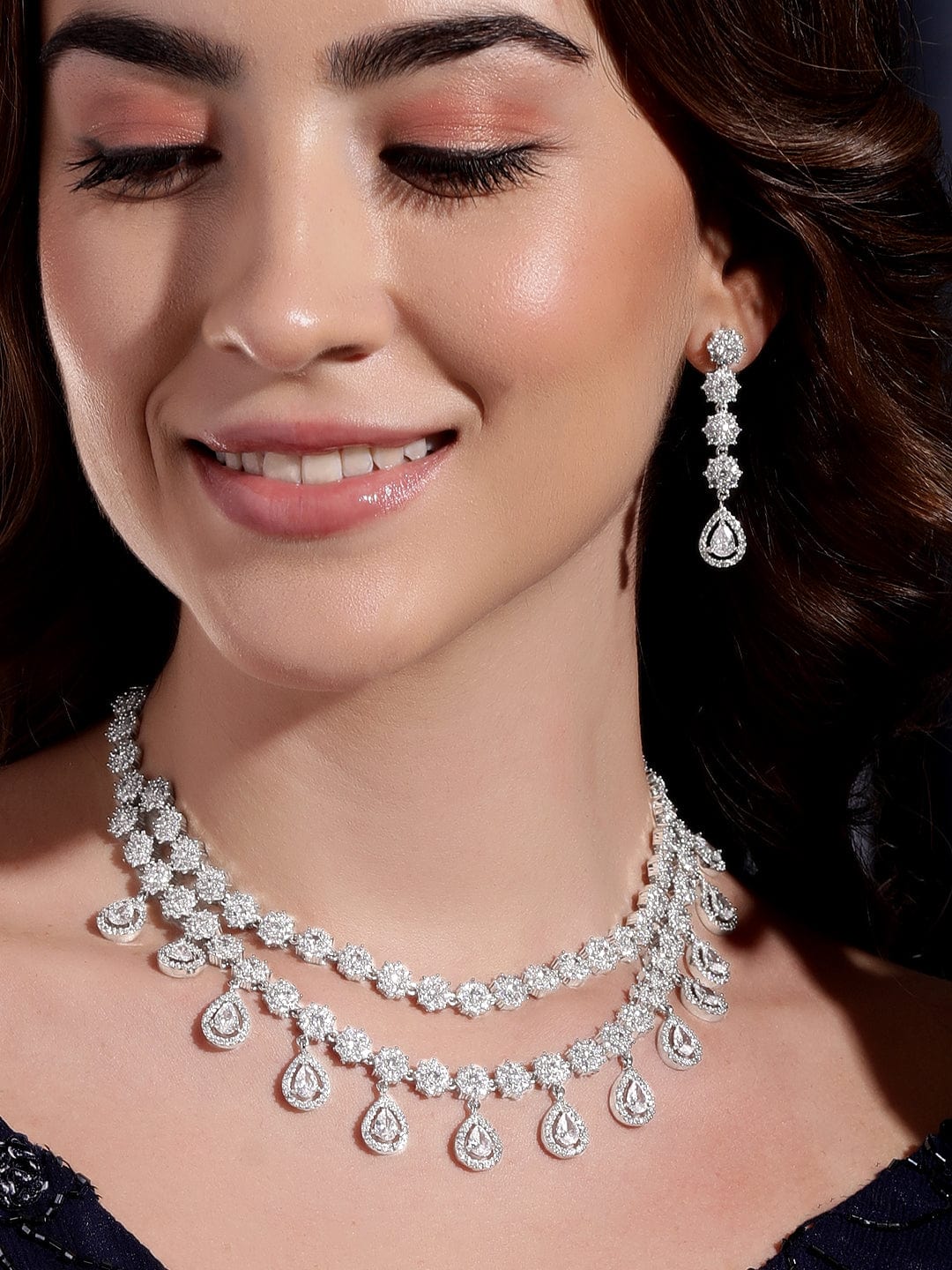 Rubans Rhodium plated Pave Zirconia studded Dual layer Party wear Necklace Set Jewellery Sets