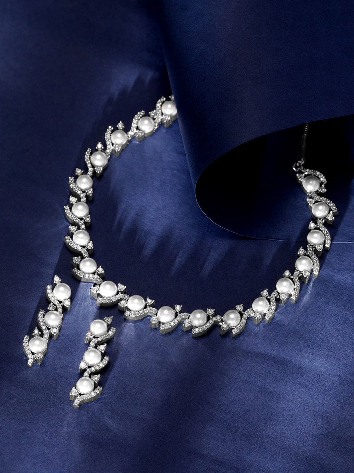 Rubans Rhodium Plated Pave Zirconia studded Flora Sleek Necklace Set Jewellery Sets