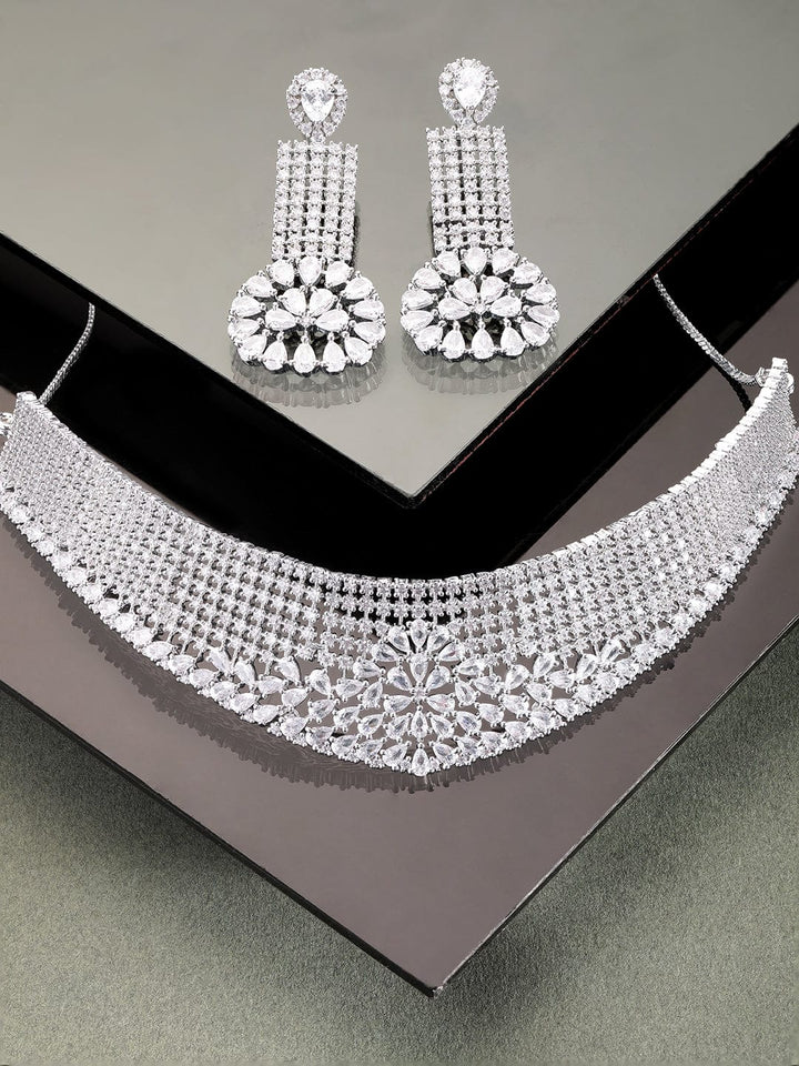 Rubans Rhodium plated pave zirconia studded statement  choker necklace Jewellery Sets