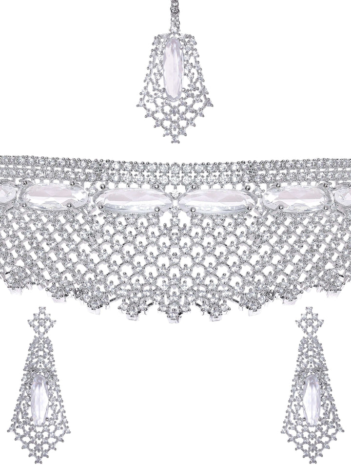 Rubans Rhodium Plated Pave Zirconia Studded Statement Choker Necklace Set Jewellery Sets
