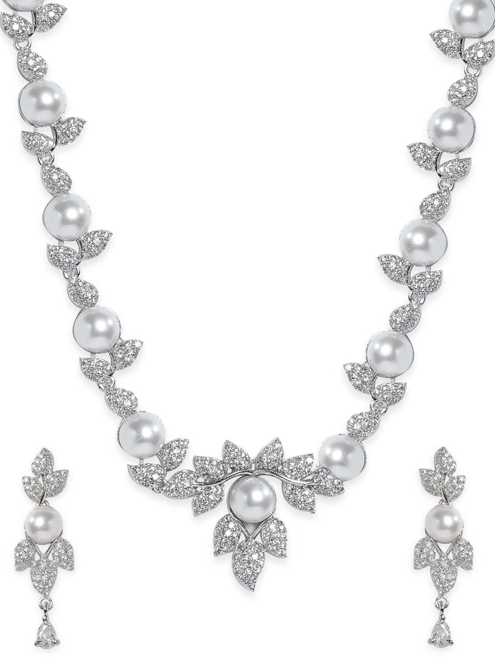 Rubans Rhodium plated Pearl & Zirconia studded Flora motif Enchanting Necklace set Jewellery Sets