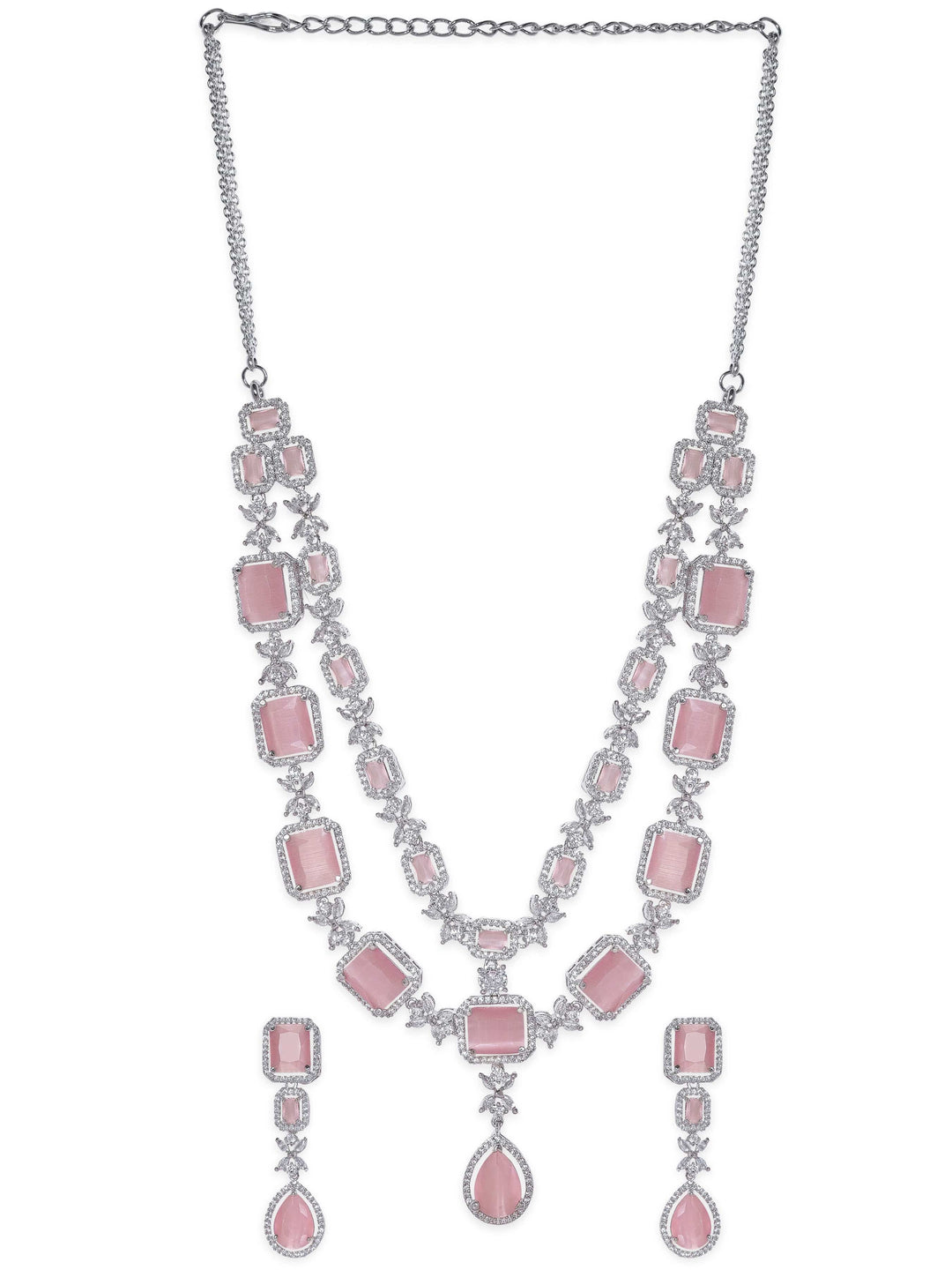 Rubans Rhodium plated Pink Sapphire Zirconia double layer Lux Necklace Set Jewellery Sets