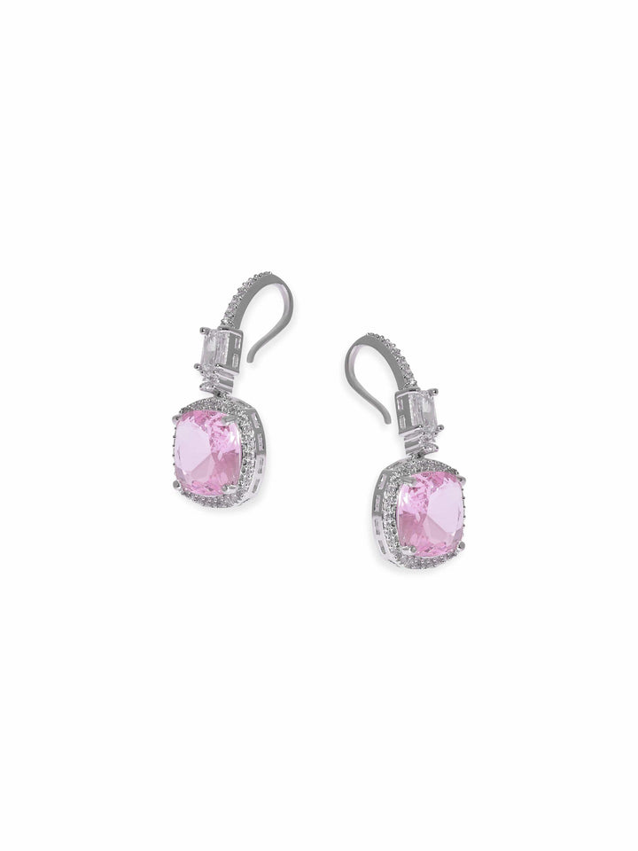 Rubans Rhodium Plated Pink Zirconia Cushion Cut Classy Drop Earring Earrings