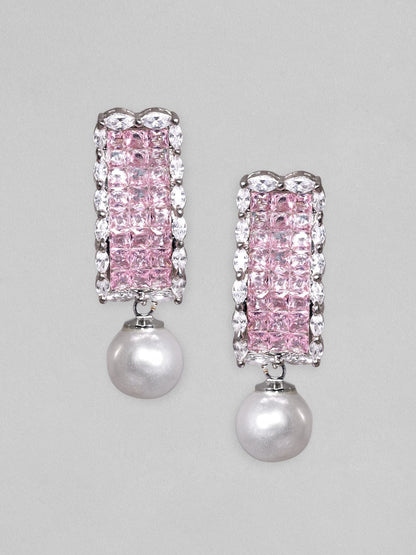 Rubans Rhodium Plated Pink Zirconia &amp; Pearl Dangle Earrings Earrings