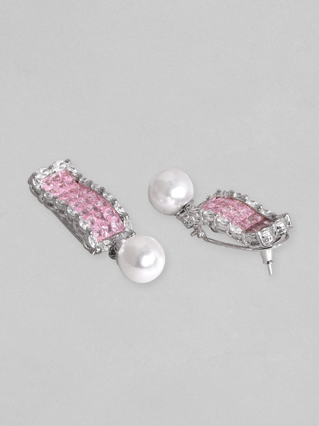 Rubans Rhodium Plated Pink Zirconia &amp; Pearl Dangle Earrings Earrings