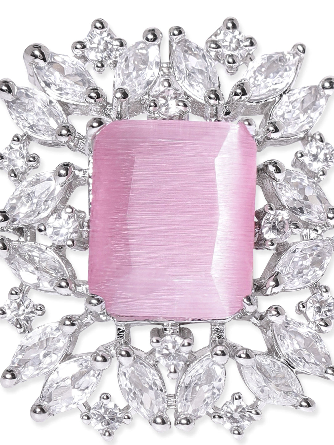 Rubans Rhodium plated pink zirconia studded Statement Ring Rings