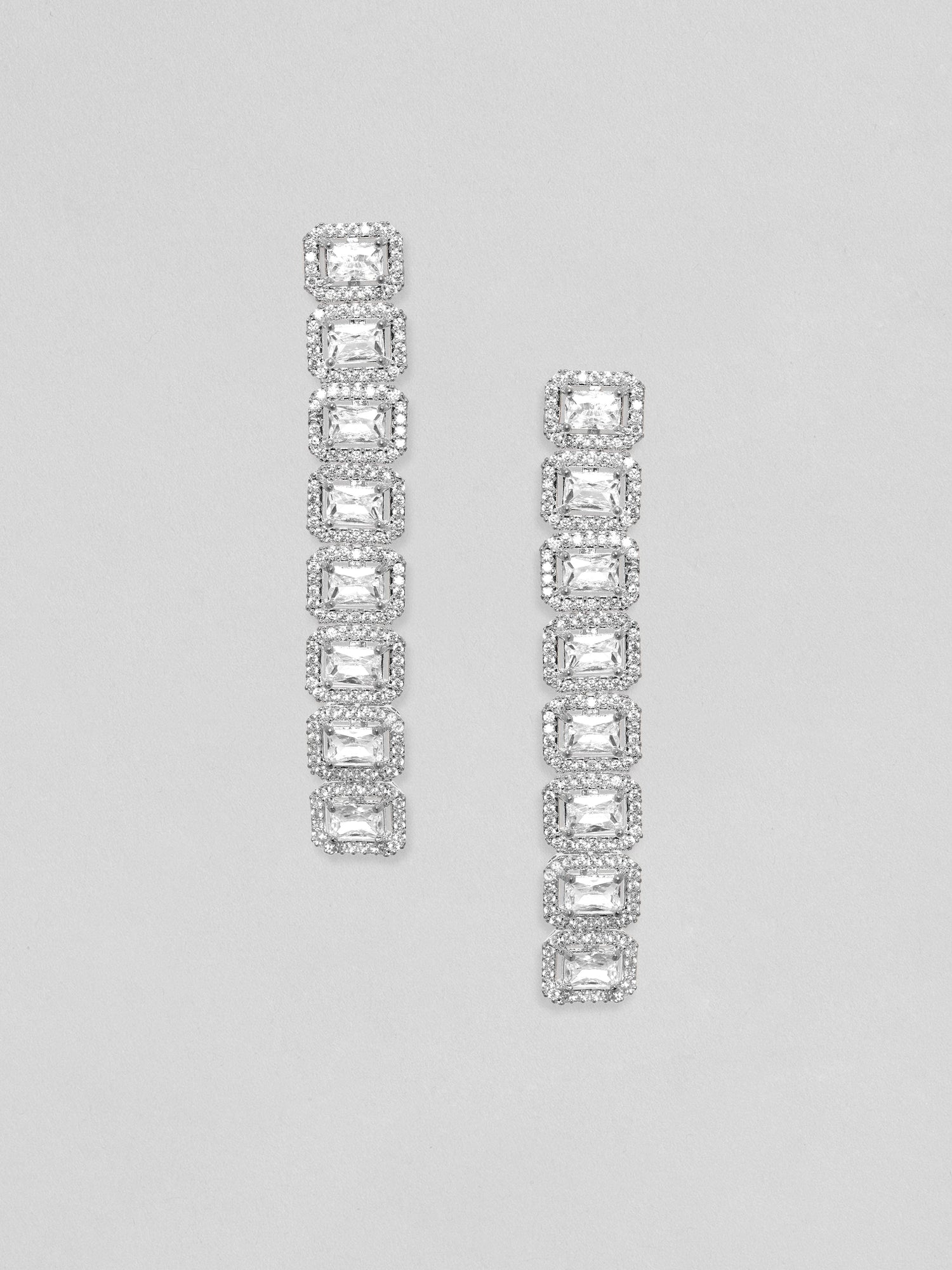 Rubans Rhodium Plated Premium Baguette Crystal Studded Dangle Earrings Earrings