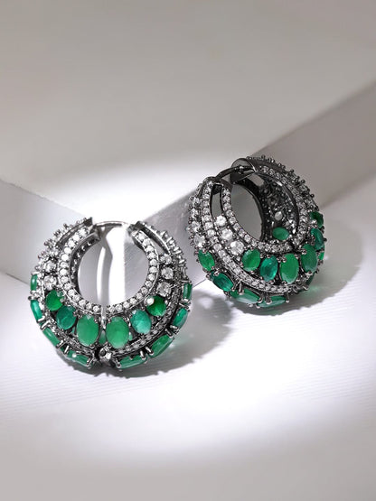 Rubans Rhodium Plated Premium Green Zircons Studded Party Wear Hoop Earrings Earrings