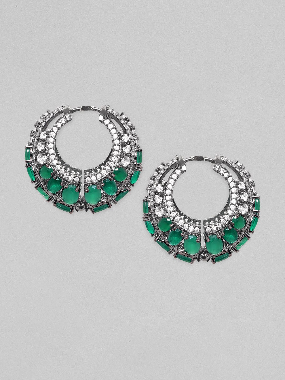 Rubans Rhodium Plated Premium Green Zircons Studded Party Wear Hoop Earrings Earrings