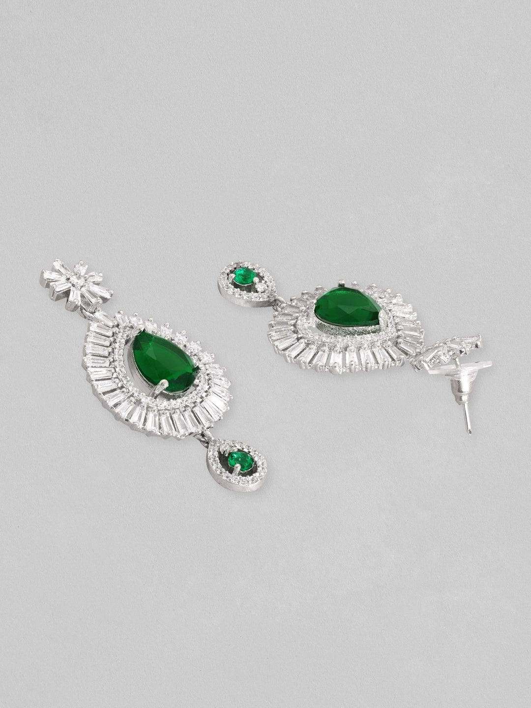 Rubans Rhodium Plated Premium White And Green Pear Zircons Studded Classy Statement Jewellery Set Necklace Set