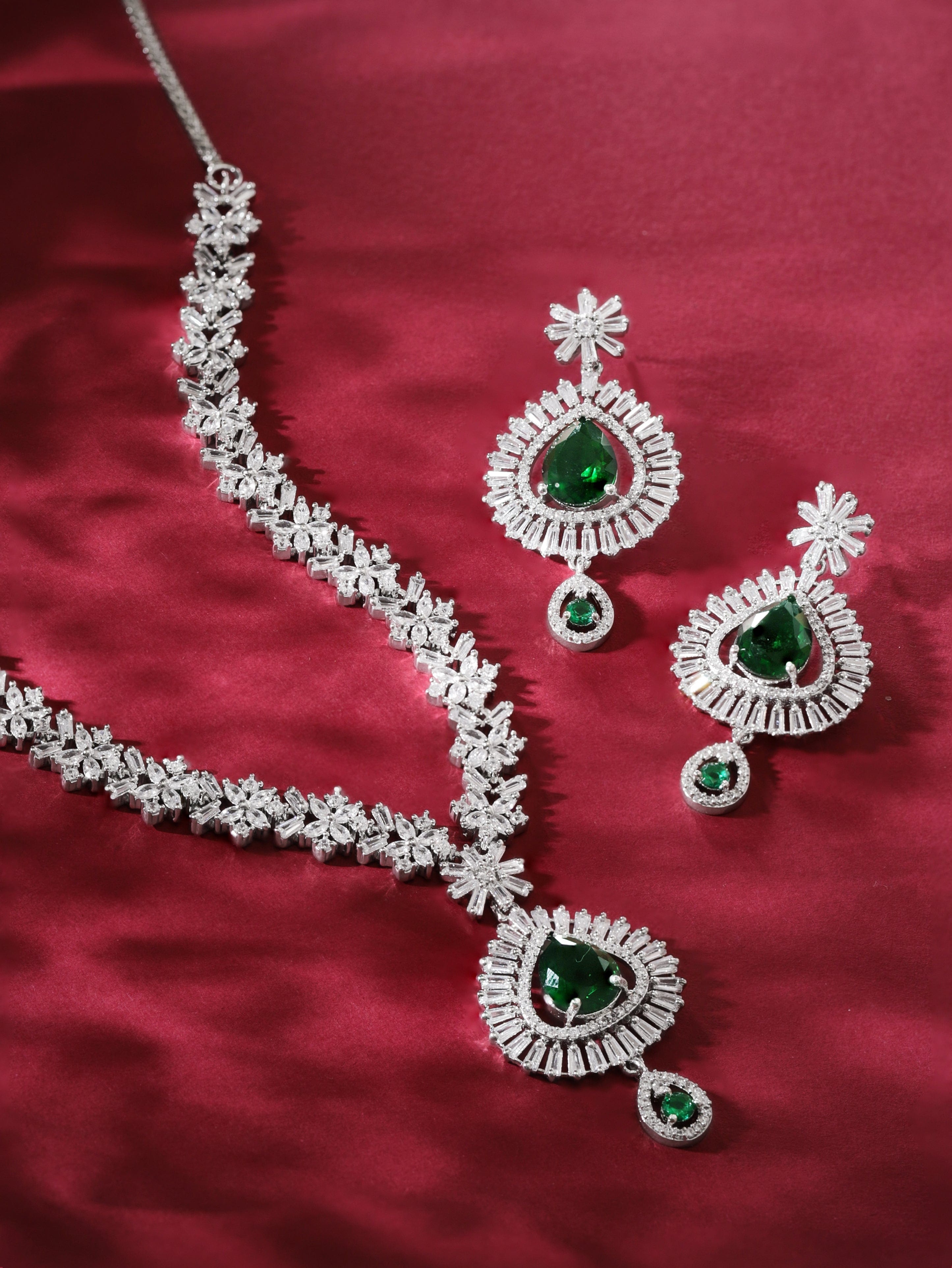 Rubans Rhodium Plated Premium White And Green Pear Zircons Studded Classy Statement Jewellery Set Necklace Set