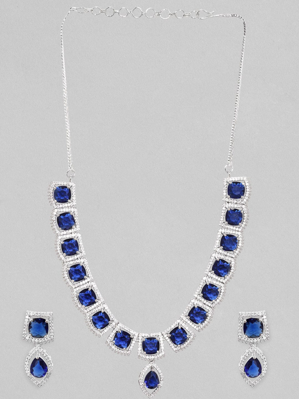 Rubans Rhodium Plated Premium White & Blue Sapphire Zircons Necklace Set. Necklace Set