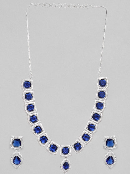 Rubans Rhodium Plated Premium White &amp; Blue Sapphire Zircons Necklace Set. Necklace Set