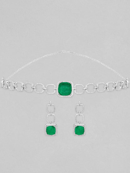 Rubans Rhodium Plated Premium White &amp; Emerald Solitaire Zircons Jewellery Set Necklace Set