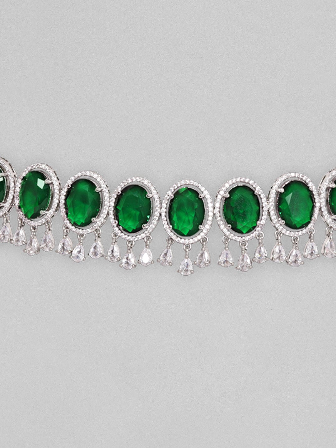 Rubans Rhodium Plated Premium White &amp; Emerald Solitaire Zircons Necklace Set. Necklace Set