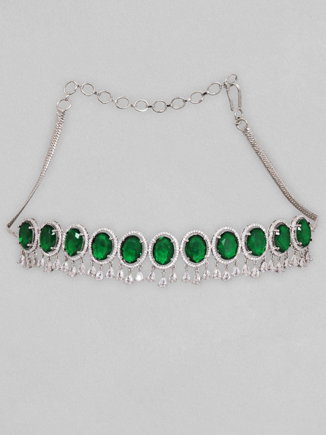 Rubans Rhodium Plated Premium White &amp; Emerald Solitaire Zircons Necklace Set. Necklace Set