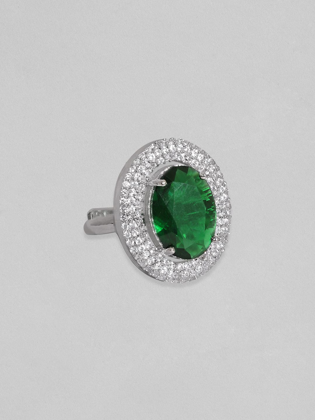 Rubans Rhodium Plated Premium White &amp; Emerald Zircons Adjustable Ring. Rings