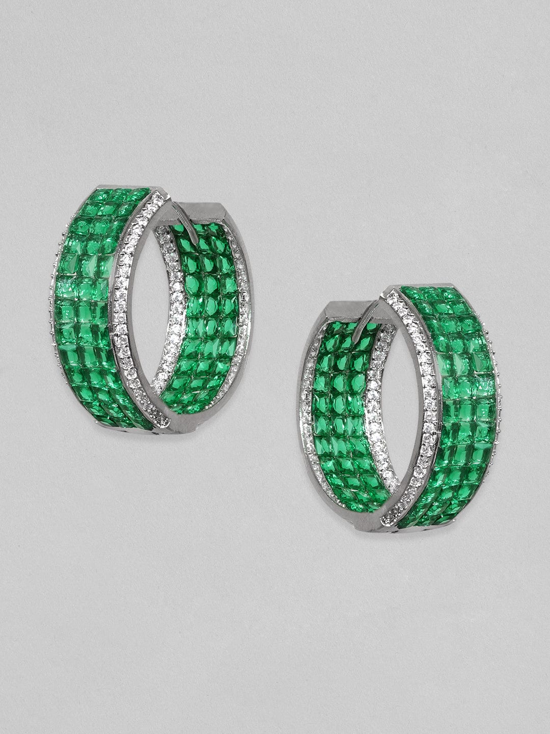Rubans Rhodium Plated Premium White &amp; Emerald Zircons Hoop Earring Earrings