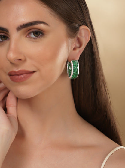 Rubans Rhodium Plated Premium White &amp; Emerald Zircons Hoop Earring Earrings