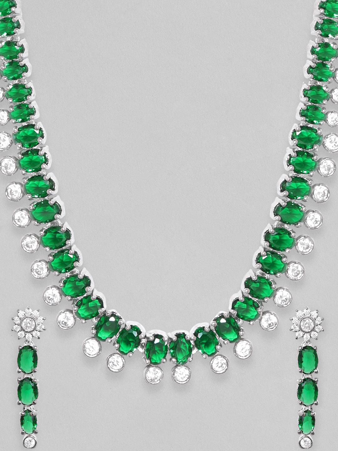 Rubans Rhodium Plated Premium White & Emerald Zircons Necklace Set Necklace Set