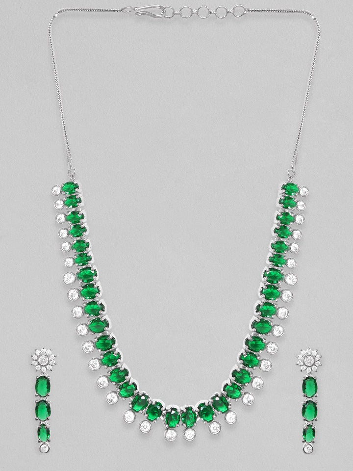 Rubans Rhodium Plated Premium White & Emerald Zircons Necklace Set Necklace Set