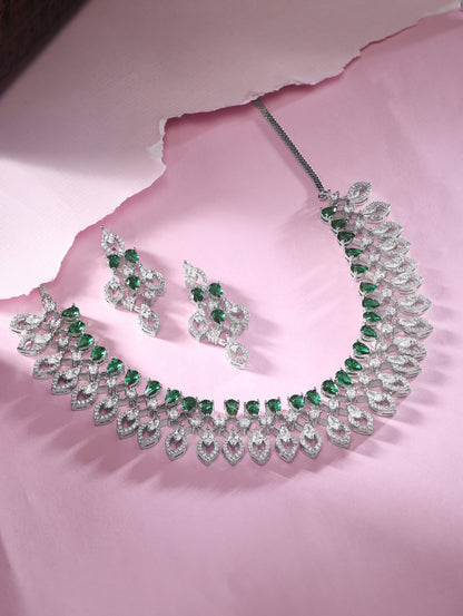 Rubans Rhodium-Plated Premium White &amp; Green Zircons Studded Party Wear Statement Jewellery Set Necklace Set