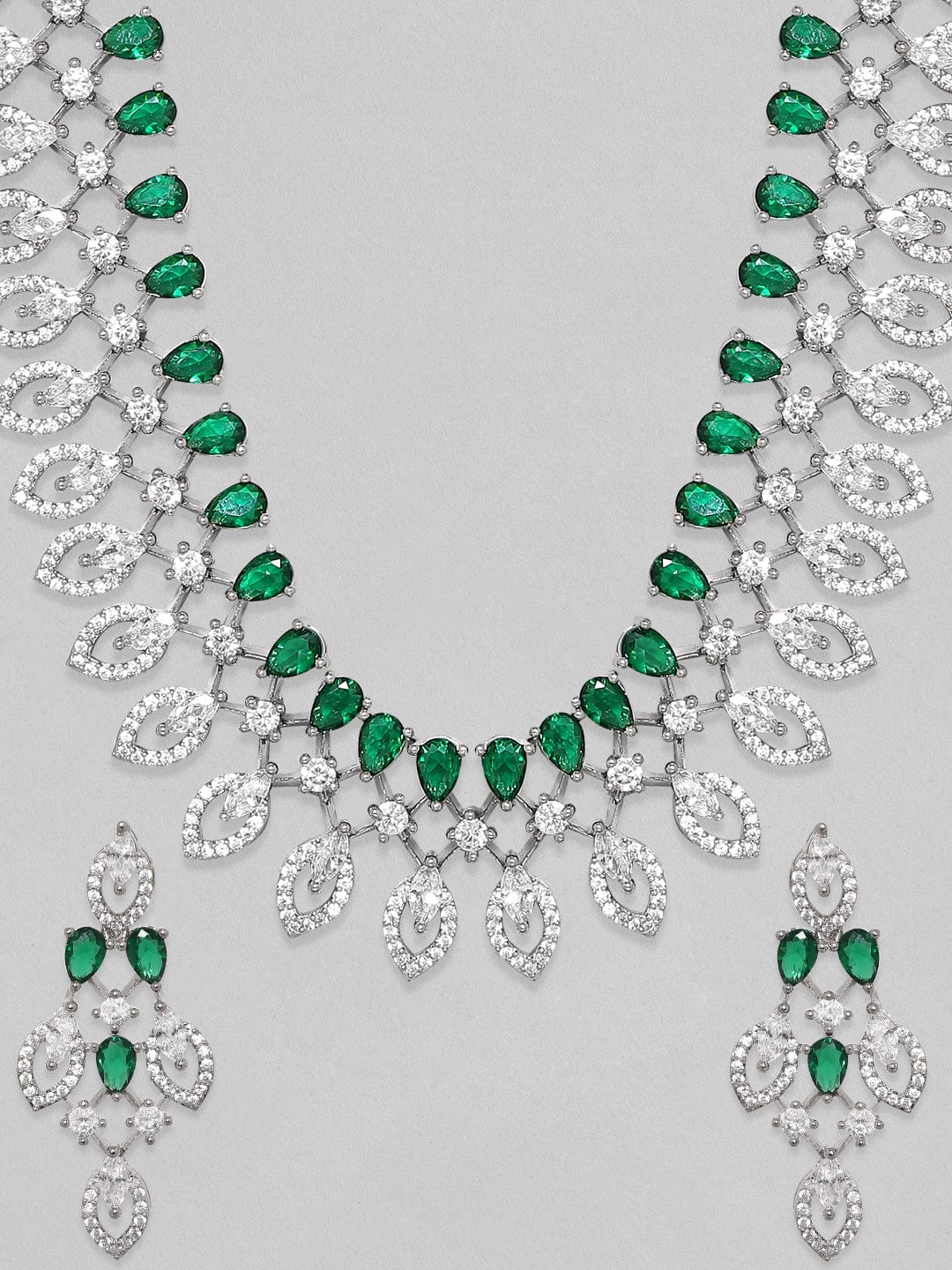 Rubans Rhodium-Plated Premium White & Green Zircons Studded Party Wear Statement Jewellery Set Necklace Set