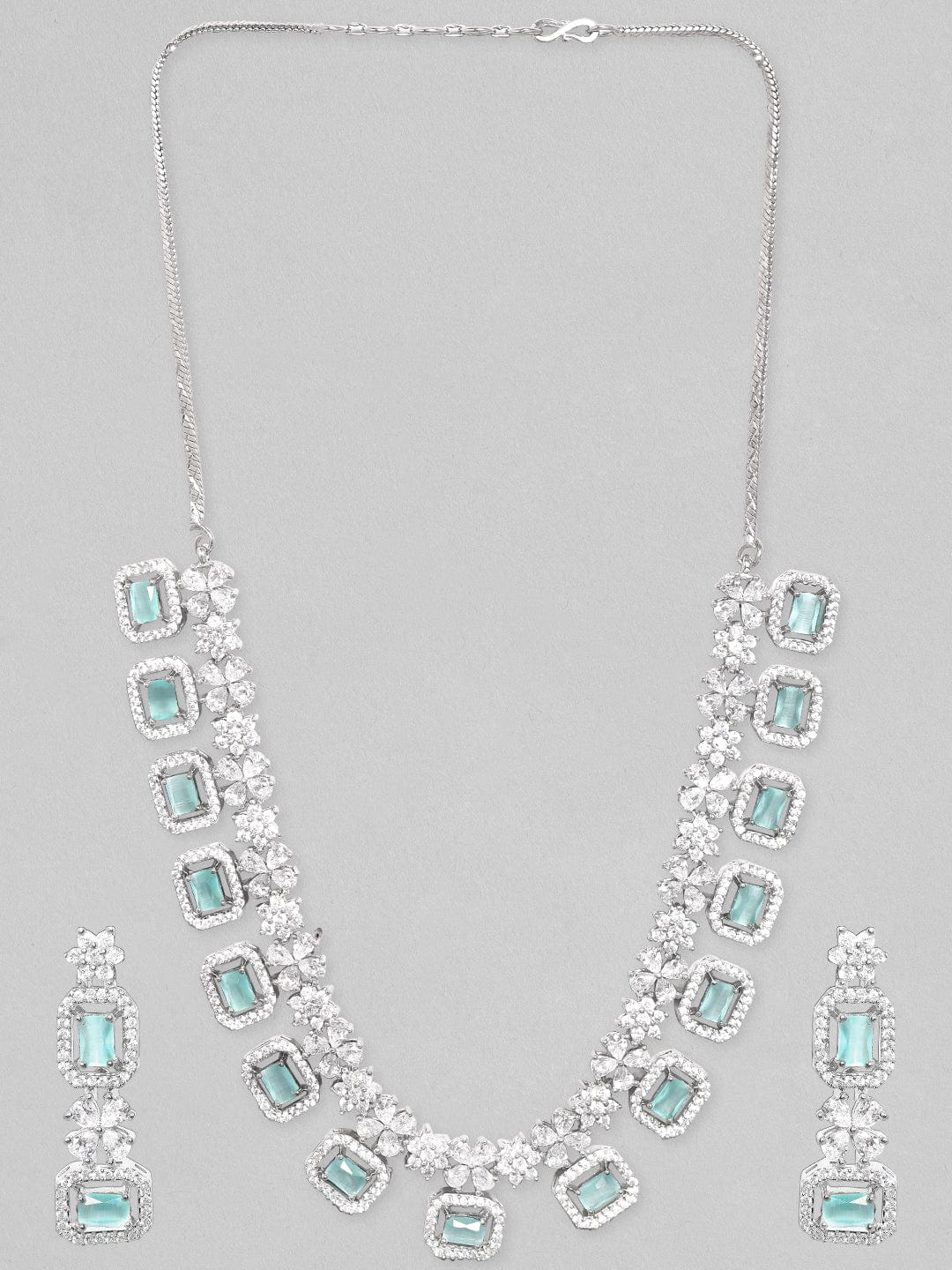 Rubans Rhodium-Plated Premium White &amp; Mint Green Zircons Studded Patterned Statement Party Wear Jewellery Set Necklace Set