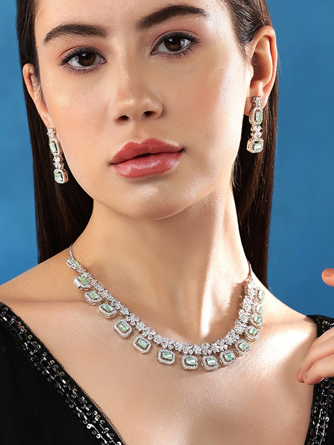 Rubans Rhodium-Plated Premium White &amp; Mint Green Zircons Studded Patterned Statement Party Wear Jewellery Set Necklaces, Necklace Sets, Chains &amp; Mangalsutra