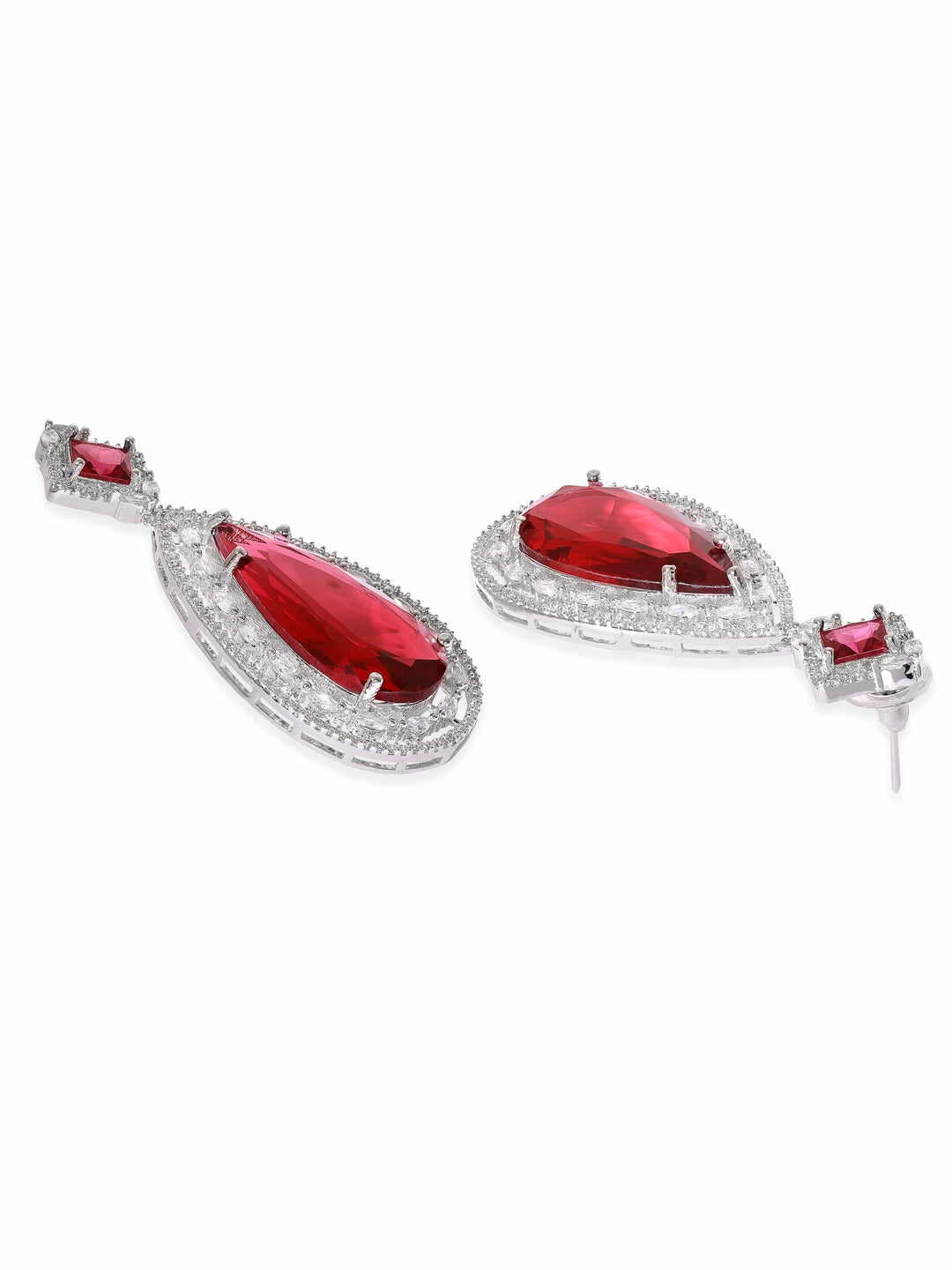 Rubans Rhodium plated Ruby Pink Teardrop Zirconia Statement Drop Earrings Earrings